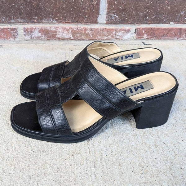 vintage 90s STRAPPY black leather CHUNKY SANDALS 7.5 square toe grunge heels Mia peep toe preppy y2k cyber t-strap 2000s sandals shoes boho