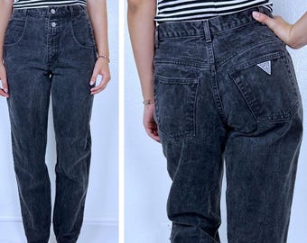size 26 vintage 80s BLACK Denim GUESS JEANS Small stonewashed mid waist tapered skinny designer denim 80s mom jeans retro indie vintage 80s