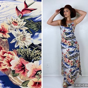 vintage y2k HAWAIIAN Waikiki Diamond Head Maxi DRESS Medium unique novelty print rayon tropical floral print vlv tiki resort rayon sun dress