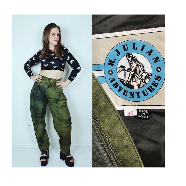 Vintage des années 90 vert olive boucles taille haute pantalon en cuir aviateur Extra Large/32, pantalon plissé unisexe Julian M, pantalon marteau