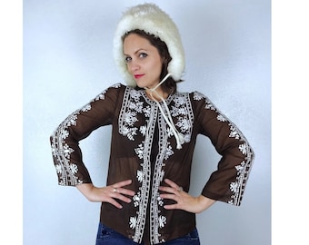 vintage 70s Brown HAND EMBROIDERED hippie TUNIC Top Small long sleeve vintage Philippines shirt Asian boho festival button up blouse summer