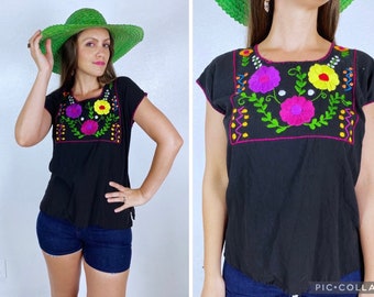 vintage Black DAY GLO Bright Floral MEXICAN Top Small/Med handmade folk tunic top colorful rainbow blouse shirt boho hippie festival summer