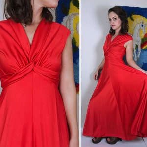 vintage 70s ORANGE JERSEY Maxi DRESS S/Med empire waist Grecian goddess gown draped Neiman Marcus cocktail party boho hippie disco glam fire