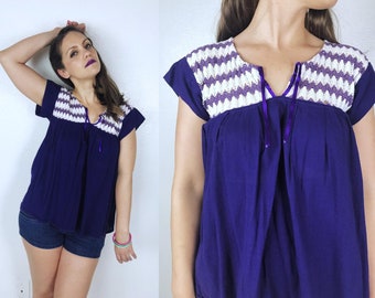 vintage Royal Purple MEXICAN Zig Zag Crochet TUNIC TOP xs/s gauzy cotton babydoll top shirt boho hippie festival summer vintage Mexican top