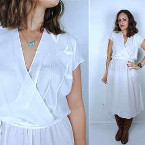 vintage 70s Sheer Ivory 3D FLOWERS Boho DRESS Medium/Large belted secretary dress deep v wrap neckline vintage 70s dress retro midi dress