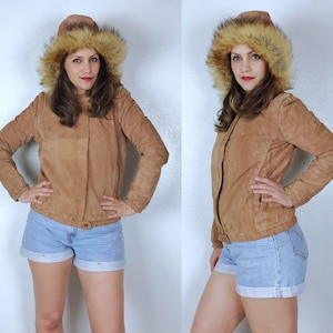 vintage 80s zip off HOOD Real Fox Fur Trim MOTO JACKET Sm/Medium hooded suede leather 80s coat retro outerwear winter coat rocker camel tan