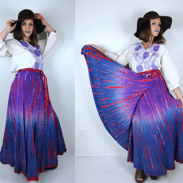 vintage 90s Purple, Red, Blue TIE DYE Maxi Wrap SKIRT xl extra large summer festival boho hippie plus size maxi full skirt vintage 90s skirt