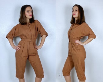 vintage 40s NUTMEG BROWN Button Up JUMPSUIT Small pockets wwII midcentury pleated pantsuit cotton playsuit utility romper uniform coveralls