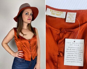 vintage 90s Pumpkin Spice VICTORIAS SECRET 100% Silk BLOUSE Medium deadstock nwt lingerie boudoir slip nighty pajama top silky camisole 1997