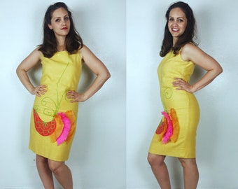 Robe mod vintage des années 60 GIANT BIRD en lin jaune vif petite 3D brodée Saba nouveauté impression vintage des années 60 robe Twiggy sun dress sans manches