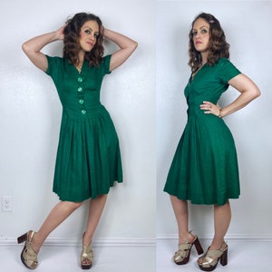 vintage 40s SHAMROCK GREEN Linen DRESS Sm/Medium full skirt button up day dress 1940s 40s dress wwii knee length pinup dolly retro fit flare