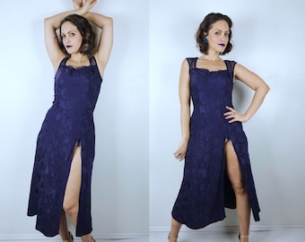 vintage 90s Gold Label VICTORIAS SECRET High Slit Slip DRESS Medium sapphire blue sheer mesh jewel tone vintage lingerie boudoir burlesque