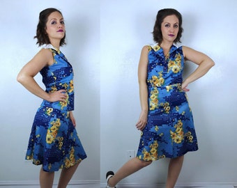 vintage 70s Yellow Blue FLORAL PRINT Two Piece Set TOP, Skirt Small graphic print dagger collar 70s dress mod vintage set retro a line skirt