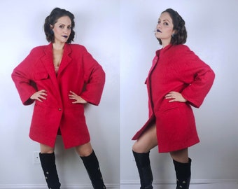 vintage 80s Shaggy WILD WATERMELON Mohair COAT os textured vibrant coral 80s coat outerwear oversized structured cocoon jacket winter coat