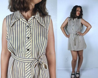 vintage 60s/70s Yellow, Brown STRIPED retro MINI DRESS Extra Large/xl dagger collar vintage 60s dress mod dolly plus size dress vintage 70s