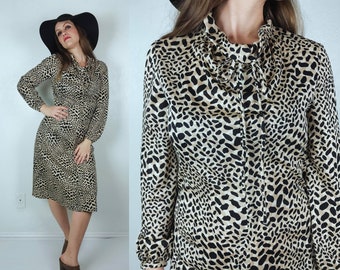 vintage 70s Lillie Rubin ANIMAL PRINT Ruffle Neck DRESS Medium/12 abstract print neck tie vintage 70s winter dress cheetah print long sleeve