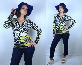vintage 60s FLOWER POWER Psychedelic Swirl Knit TOP xs/s op art black and white yellow mod vintage 60s shirt groovy retro knit nylon jumper