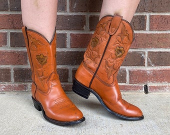 size 7 vintage 90s CARAMEL Tooled Flowers COWBOY BOOTS western stitched boots rockabilly mid calf faux leather vegan honey brown boho hippie