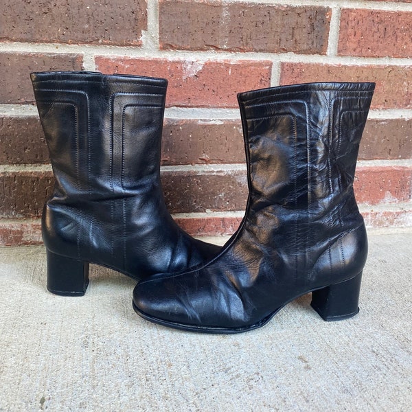 size 7 vintage 60s BLACK Mid Calf Space Age BOOTS leather mod dolly groovy retro heel boots twiggy scooter 1960s go go ankle boots 7.5 37.5
