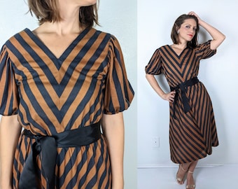 vintage 70s Toffee Brown CHEVRON Striped BELTED DRESS Medium belted secretary dress fall dress winter retro dolly boho 70s dress puff sleeve