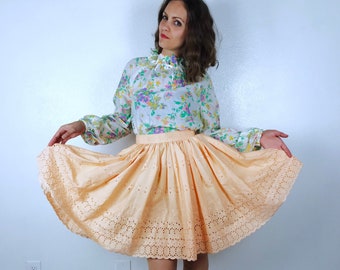 vintage 50s PEACH Eyelet Lace CIRCLE SKIRT Small full skirt boho cottage core prairie 50s skirt rockabilly swing western country midcentury
