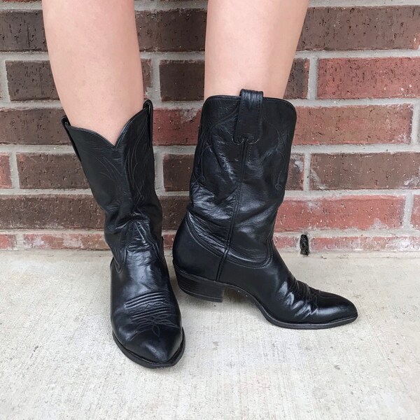 vintage 80s Black WESTERN STITCHED Cowboy BOOTS 8 rockabilly boots cowgirl tall mid calf boots heels cowboy 80s roper boots boho Larry Mahan