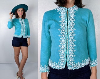 vintage 50s Ice Blue &#39;FROZEN&#39; intricate BEADED CARDIGAN Small knit wool pinup sweater winter jumper vintage cardigan snowflake Mrs Maisel