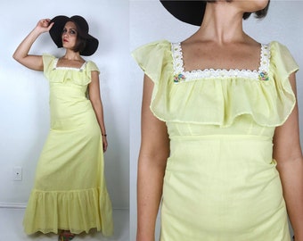 vintage 70s YELLOW Ruffle PRAIRIE DRESS xs empire waist boho hippie cottage core lace maxi dress open back peasant 70s dress cottagecore