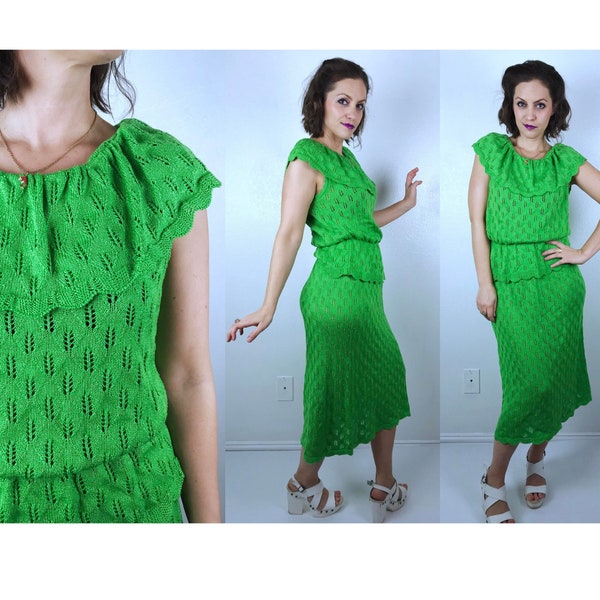 vintage 70s LIME GREEN Two Piece SWEATER Set Large/xl pointelle knit dress boho matching set secretary 70s midi skirt cut out ruffle spring