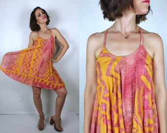 vintage Tangerine Dusty Rose RACERBACK Sun DRESS Small tent dress Tahitian block print ethnic abstract boho hippie summer 90s sun dress mini