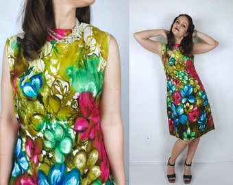 vintage 60s Silk FLOWER POWER Cocktail DRESS Large watercolor day glo psychedelic mod vintage 60s dress tropical floral print tiki vlv retro