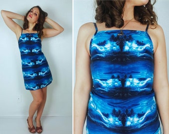 vintage 2000s Blue OCEAN WAVES photo print Mini DRESS xs sun dress Christian Lassen y2k summer dress tropical Hawaii op art surfing beach