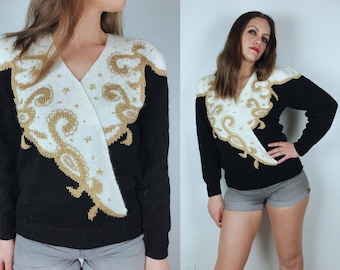 vintage 80s Ivory GOLD BEADED knit SWEATER Medium/Lg luxe fluffy embroidered puff sleeve sweater vintage 80s jumper 80s winter sweater black