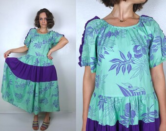 vintage 80s Mint Green, Purple TROPICAL PRINT MuuMuu maxi DRESS Small floral print "Good Times" Sears ruched sleeve 80s boho retro Hawaiian