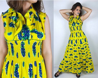 vintage 70s Yellow PAISLEY PRINT Maxi DRESS Medium/Large dagger collar ruffle empire waist retro summer dress 70s dress colorful blue green