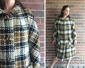 vtg 50s AUTUMN PLAID thick wool COAT Large Extra Large pinup madmen classic simple toffee brown cream black swing new look outerwear jacket