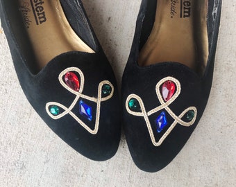 vintage 80s COLORFUL JEWELS black suede Pointy FLATS 7 unique avant garde vintage 80s shoes opulent rainbow slip on womens shoes 80s flats