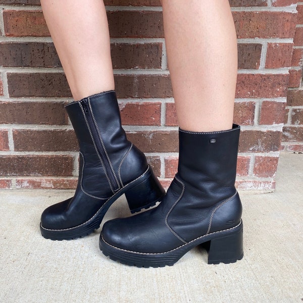 sz 11 vintage y2k black SKETCHERS grunge PLATFORM BOOTS chunky mid calf leather heel boots goth cyber club kid shoes winter boots 90s Bratz