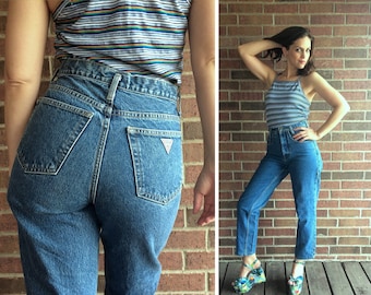 vtg 80s Button Fly GUESS high waisted MOM JEANS xs/small 27 skinny stonewashed denim tapered pants tiny fit high waist designer