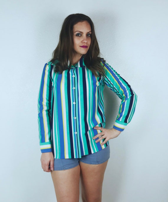 vintage 70s MINT STRIPED Disco BLOUSE Large disco… - image 8