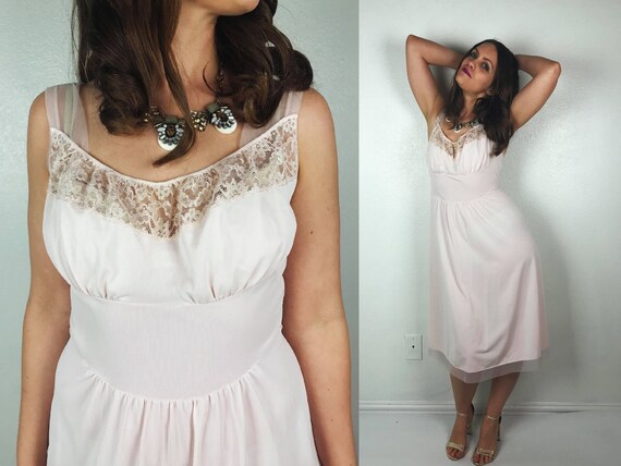 vintage 50s LACE +MESH Pale Pink Slip DRESS Small… - image 1