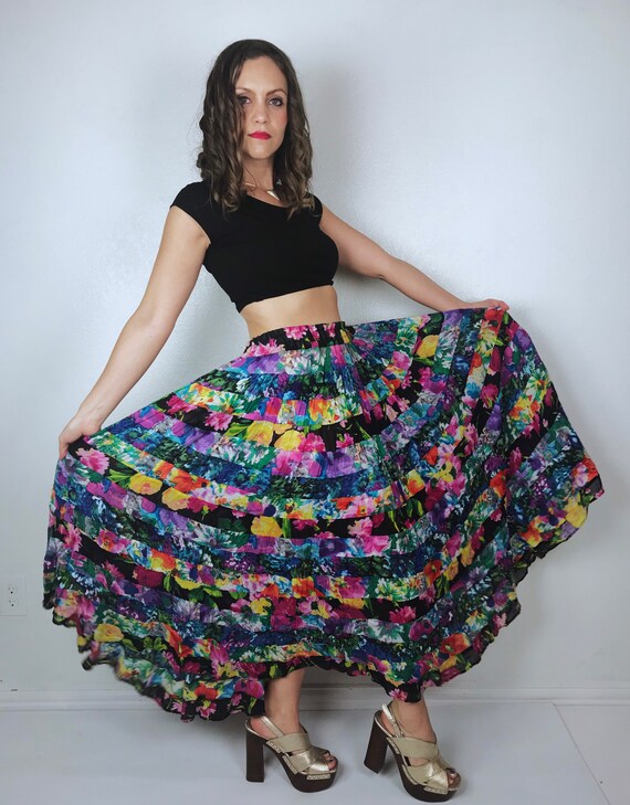 vintage 90s Colorful PATCHWORK PRINT Maxi SKIRT os