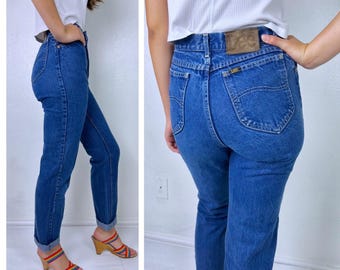 size 24/25 vintage 80s FOXY Dark Wash LEE JEANS xs long waisted tapered jeans skinny jeans union usa vintage 80s denim mom jeans retro indie