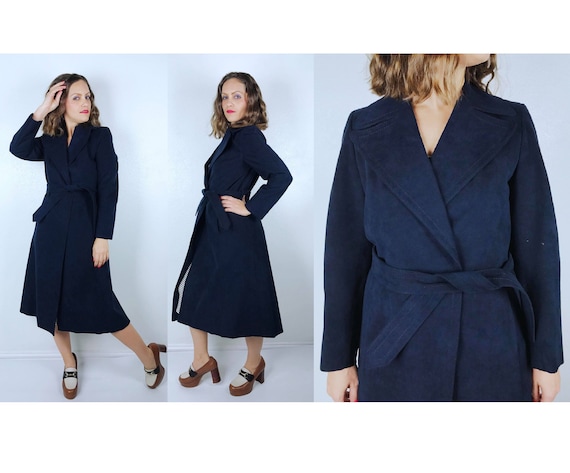 vintage 70s Faux Suede NAVY Belted WRAP COAT Smal… - image 1