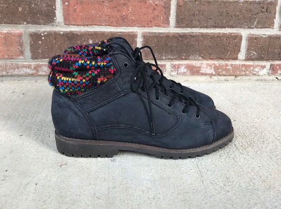 vintage 80s RAINBOW TRIM Black Nubuck Leather BOO… - image 1