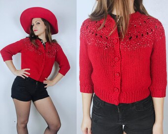 vintage 50s/60s Red SILVER TINSEL Christmas CARDIGAN Medium cut out hand knit sweater vintage sweater holiday party cropped sweater jumper