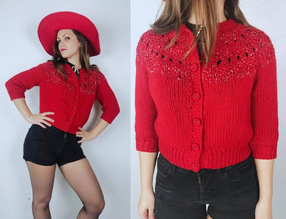 vintage 50s/60s Red SILVER TINSEL Christmas CARDI… - image 1