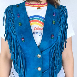 vintage 80s Teal SUEDE leather Colorful Beaded FRINGE VEST xs boho hippie Pioneer Wear turquoise festival jacket 80s leather vest bohemian image 4