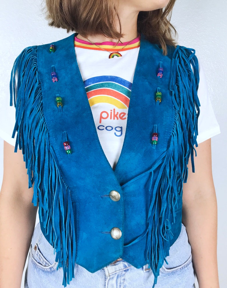 vintage 80s Teal SUEDE leather Colorful Beaded FRINGE VEST xs boho hippie Pioneer Wear turquoise festival jacket 80s leather vest bohemian image 4