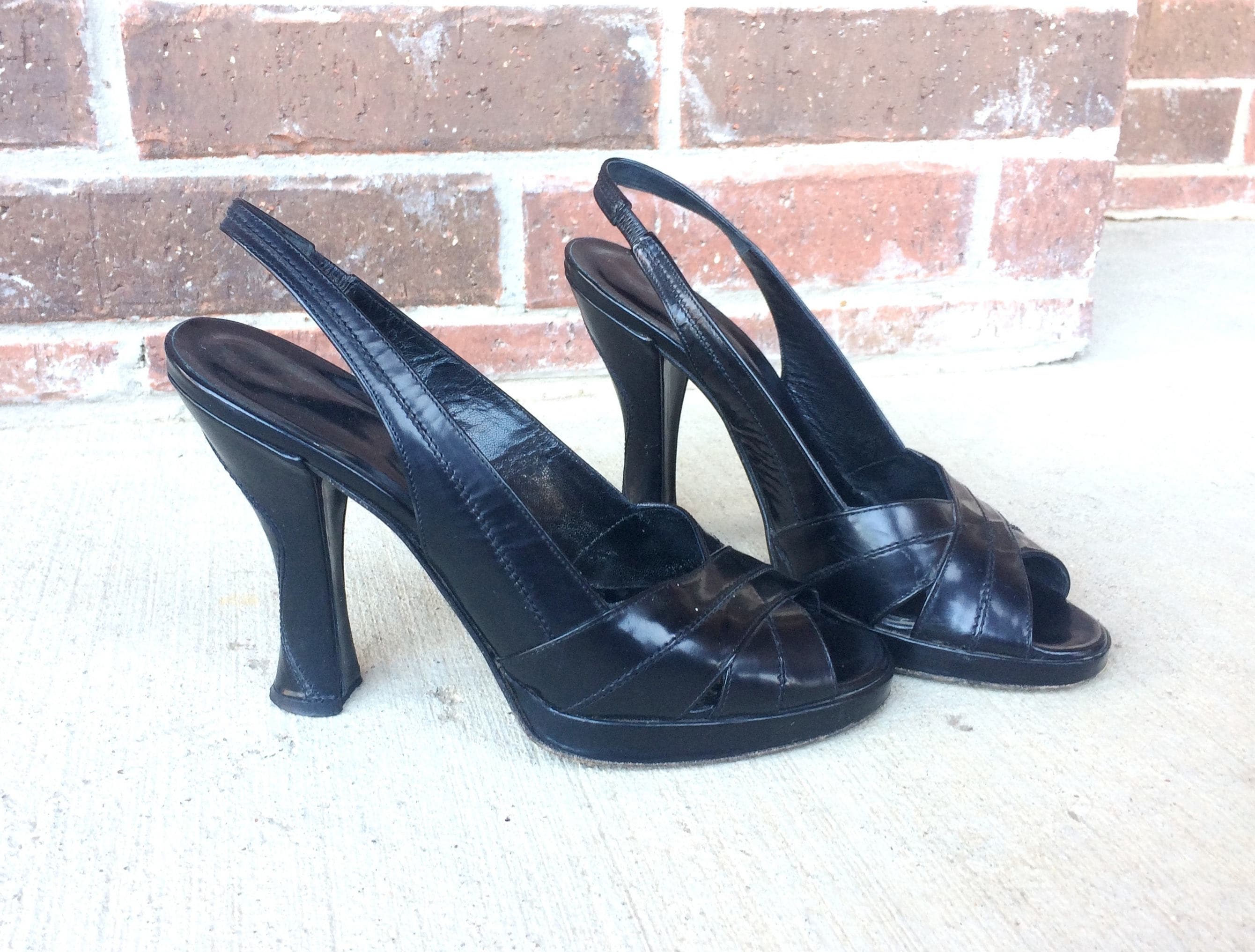 90s Woven Leather Platform Slingback Sandals Vintage 1990s Peep toe Size 8 \u2022 90s does 40s Black Brown Cutout Pumps Heels Shoes